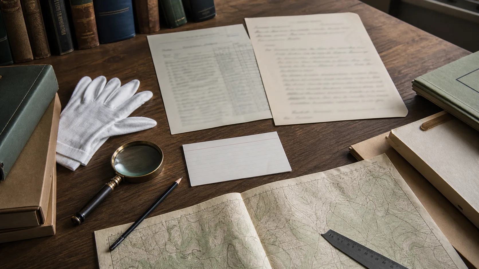 Archival cards, a ledger, and a magnifying glass arranged without readable personal information